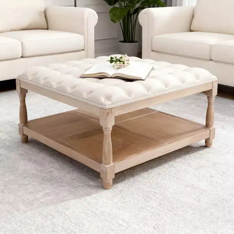 Pouf/Tavolino quadrato in lino trapuntato beige con ripiano contenitore
