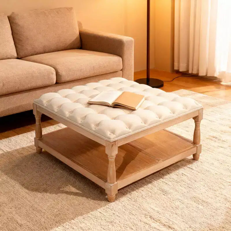 Pouf/Tavolino quadrato in lino trapuntato beige con ripiano contenitore