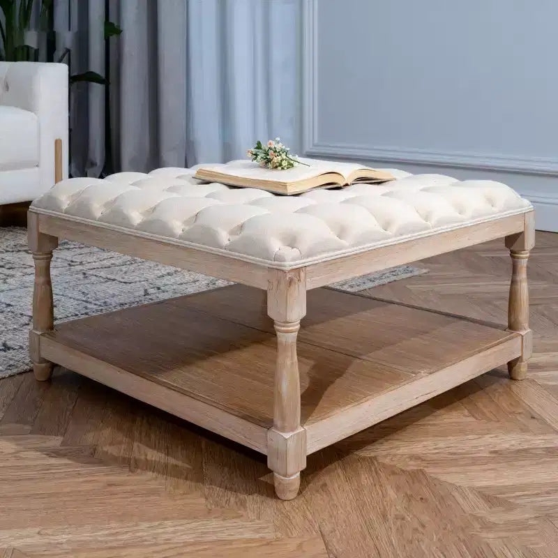 Pouf/Tavolino quadrato in lino trapuntato beige con ripiano contenitore