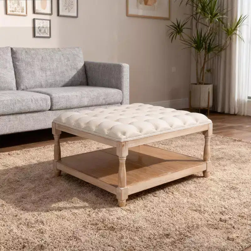 Pouf/Tavolino quadrato in lino trapuntato beige con ripiano contenitore