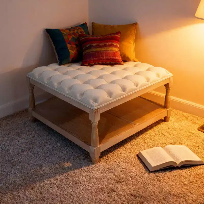 Pouf/Tavolino quadrato in lino trapuntato beige con ripiano contenitore