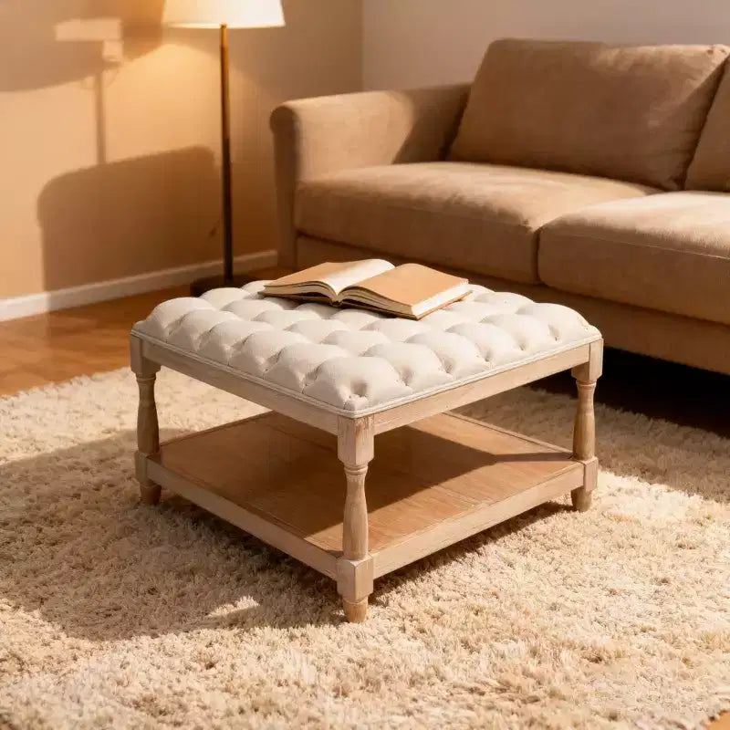 Pouf/Tavolino quadrato in lino trapuntato beige con ripiano contenitore