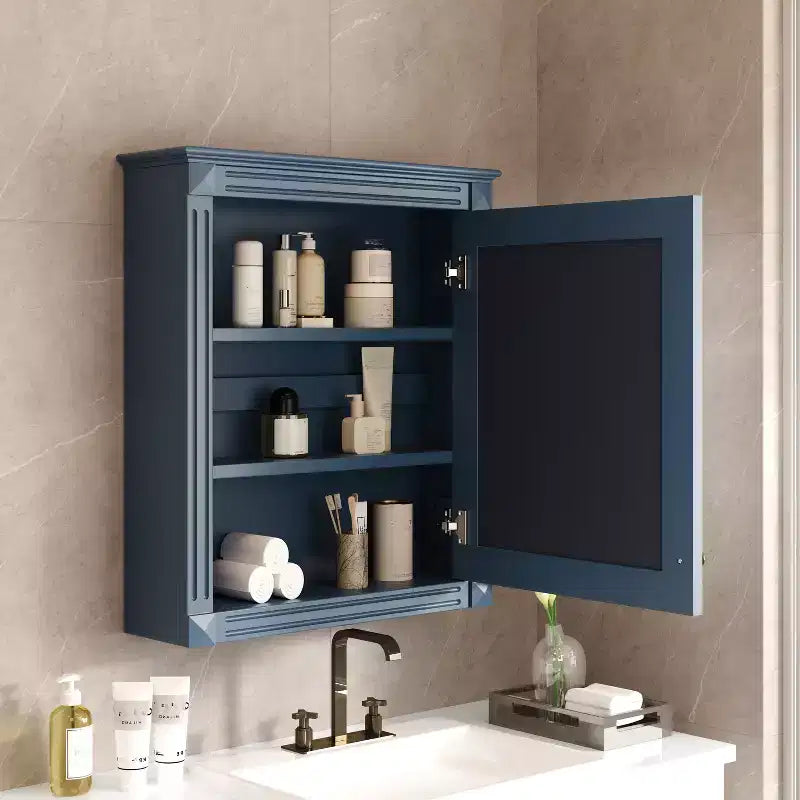Armadietto a specchio da bagno montato a parete blu/grigio/bianco con ripiano regolabile - Anta singola