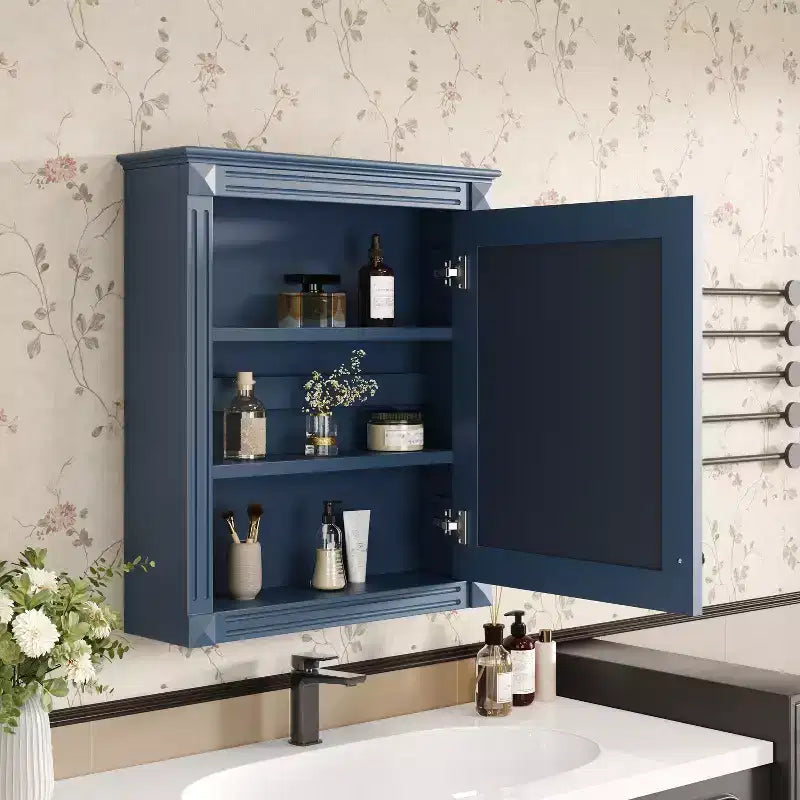 Armadietto a specchio da bagno montato a parete blu/grigio/bianco con ripiano regolabile - Anta singola