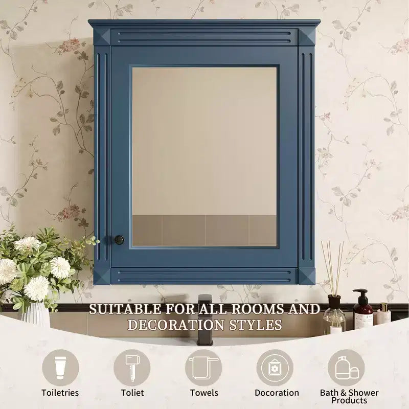 Armadietto a specchio da bagno montato a parete blu/grigio/bianco con ripiano regolabile - Anta singola