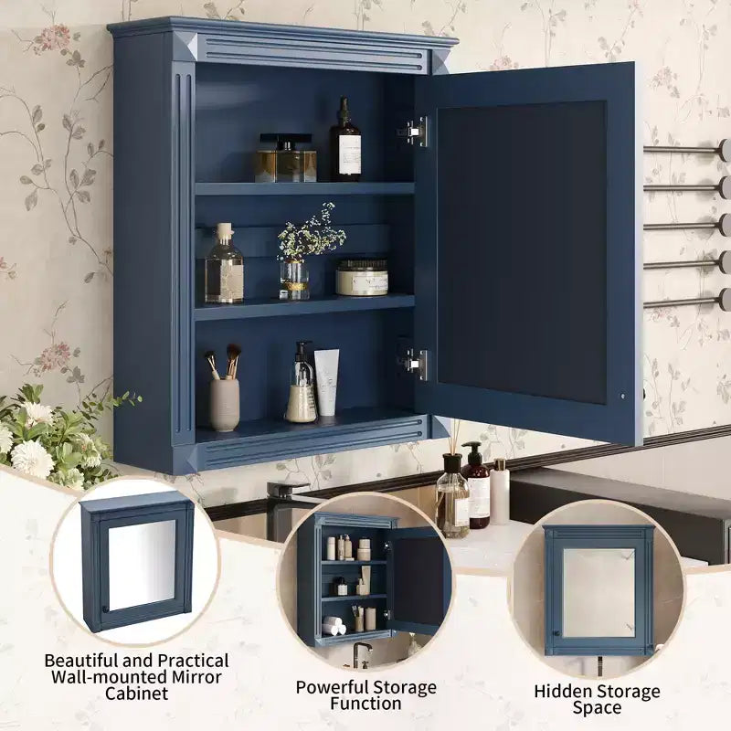 Armadietto a specchio da bagno montato a parete blu/grigio/bianco con ripiano regolabile - Anta singola
