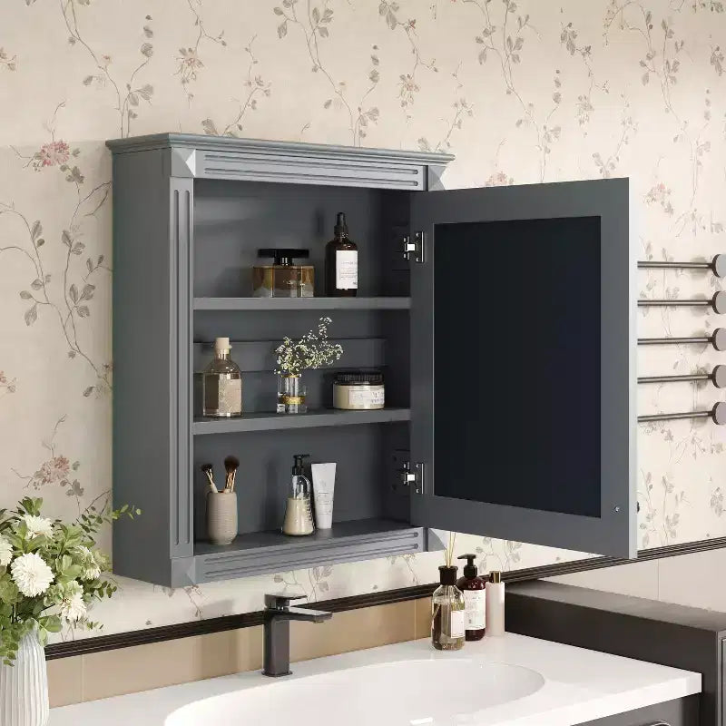 Armadietto a specchio da bagno montato a parete blu/grigio/bianco con ripiano regolabile - Anta singola