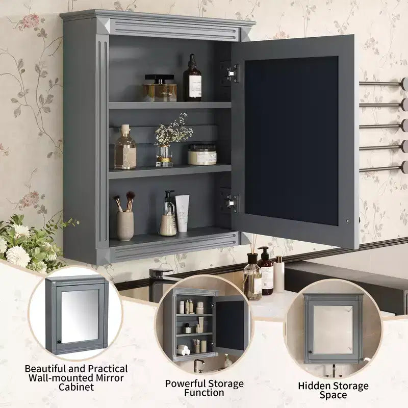 Armadietto a specchio da bagno montato a parete blu/grigio/bianco con ripiano regolabile - Anta singola